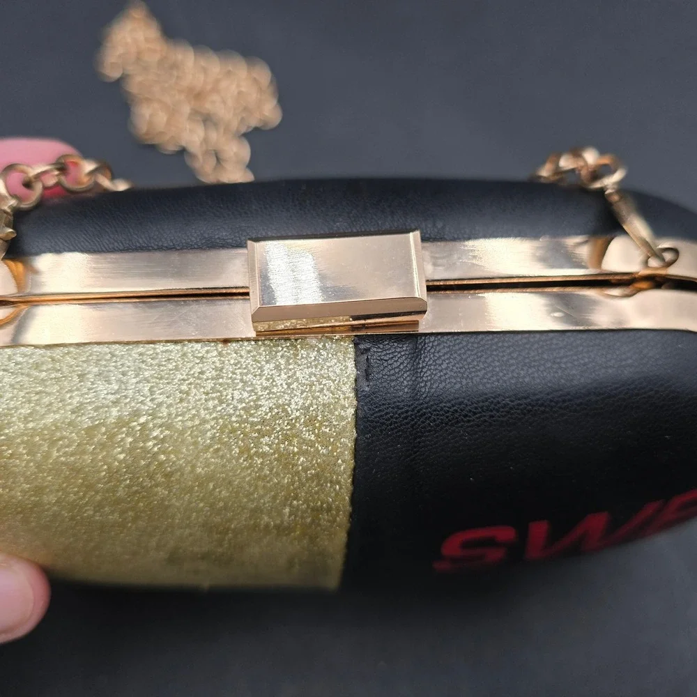 BAM Forever Sweet Pill Capsule Clutch Bag Gold Glitter Black Novelty Crossbody